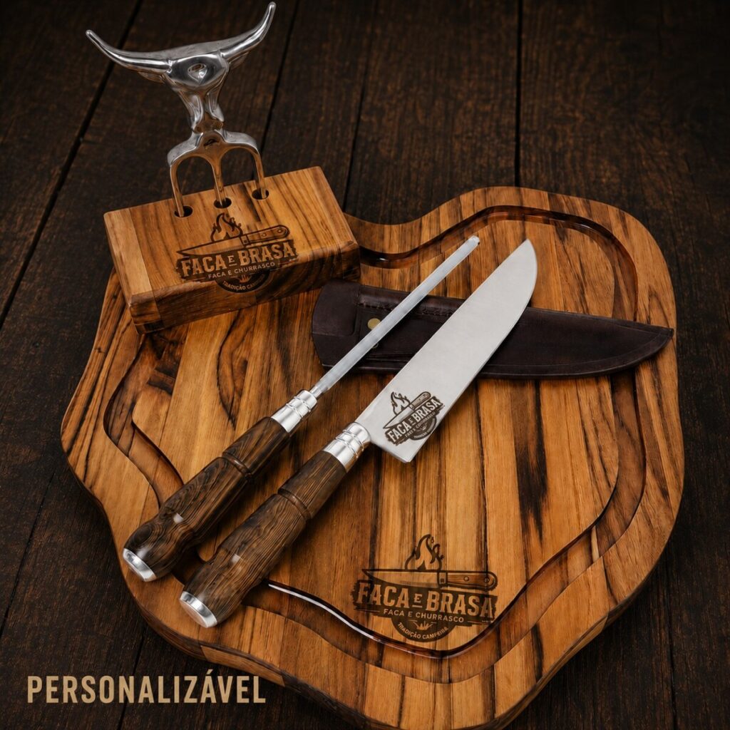 kit churrasco artesanal com faca chaira e garfo